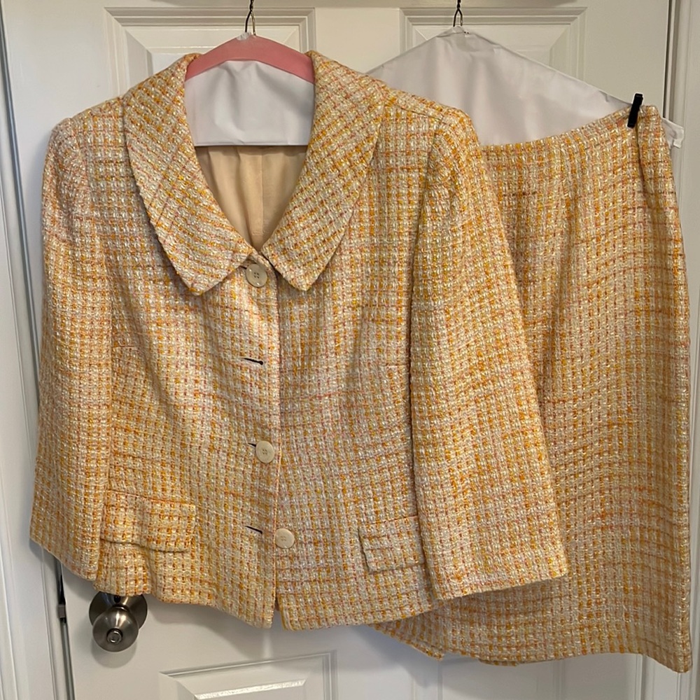 Talbots suit. Size 12. Pink, gold and ivory tweed. 3/4 length sleeves.